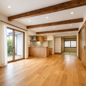 空家リノベーション後の木目床の明るい室内空間