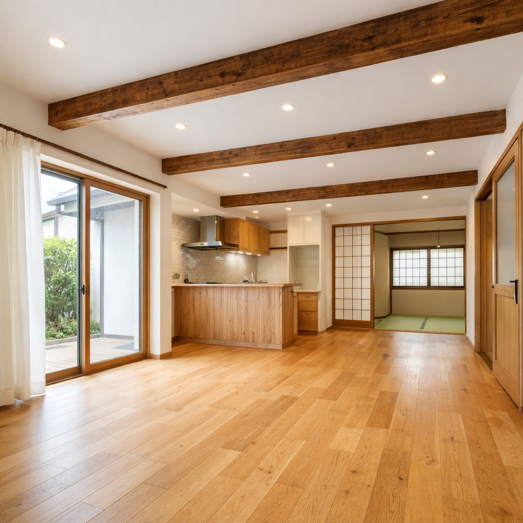 空家リノベーション後の木目床の明るい室内空間