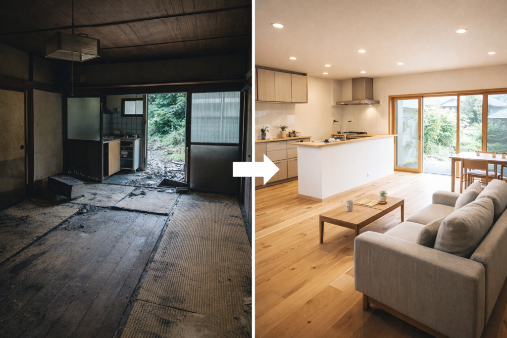 長期間放置され老朽化した空き家と、リノベーションによって明るく快適な住空間に生まれ変わった室内のビフォーアフター比較。